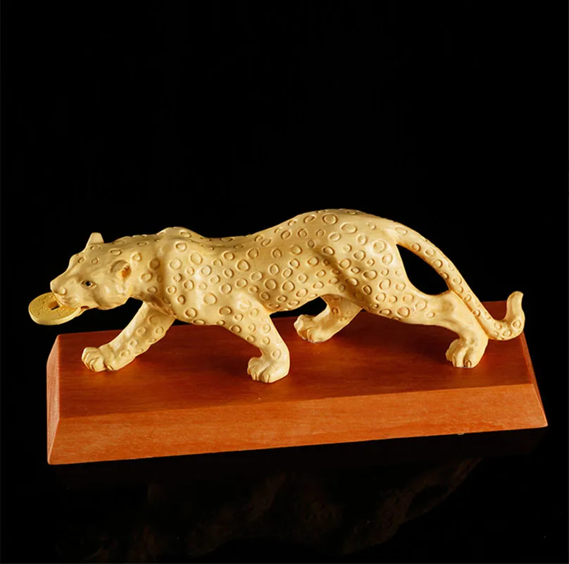 XS494- 20CM Leopard Boxwood Sculpture Feng Shui Wood Carving Wealthy Animal Statue Collection Ornaments