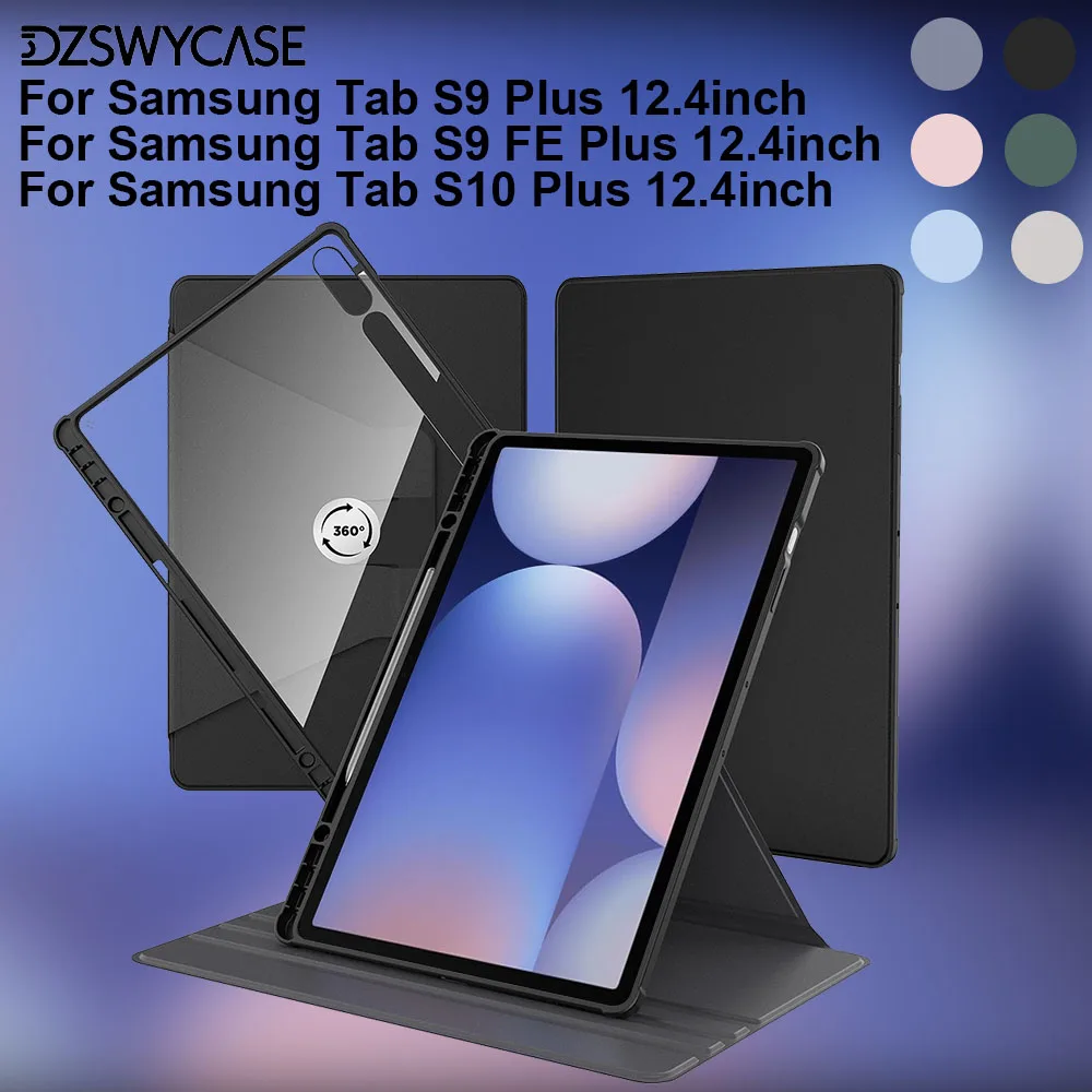 360 Degree Rotation Case for Samsung Galaxy Tab S10 Plus/S9 Plus/S9 FE 12.4 Inch, with Pencil Holder, Protective TPU Cover