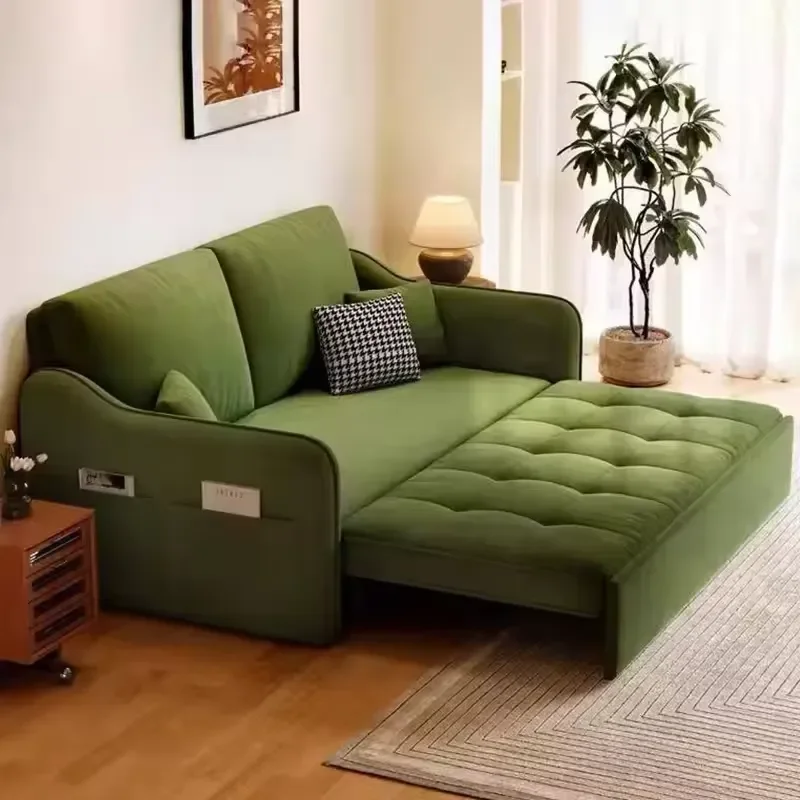 Elegant Wooden Pull Out Sofa Bed Cream Cloud Color Casual High End 3 in 1 Fabric Couch with Storage Space for Family Living
