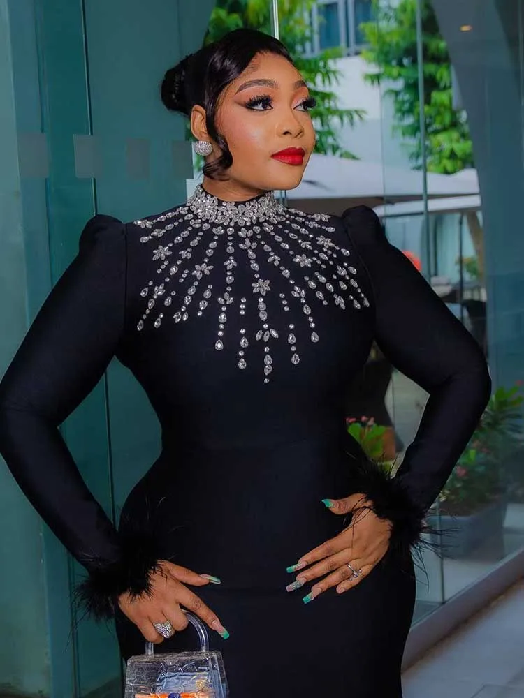 エレガントな黒のイブニングドレス女性のための秋の服ドレスラウンドカラーダイヤモンド付きエレガントシックなボディコンドレス長袖
