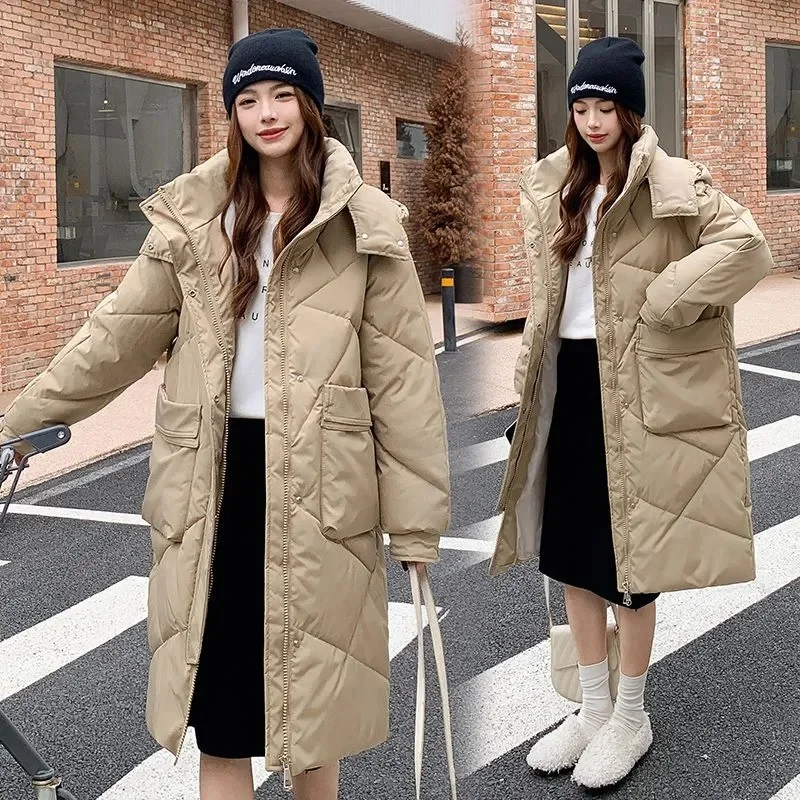 Parka longa solta para mulheres, outwear impermeável, casaco com capuz, neve de algodão quente, jaqueta com zíper, nova, inverno, 2023