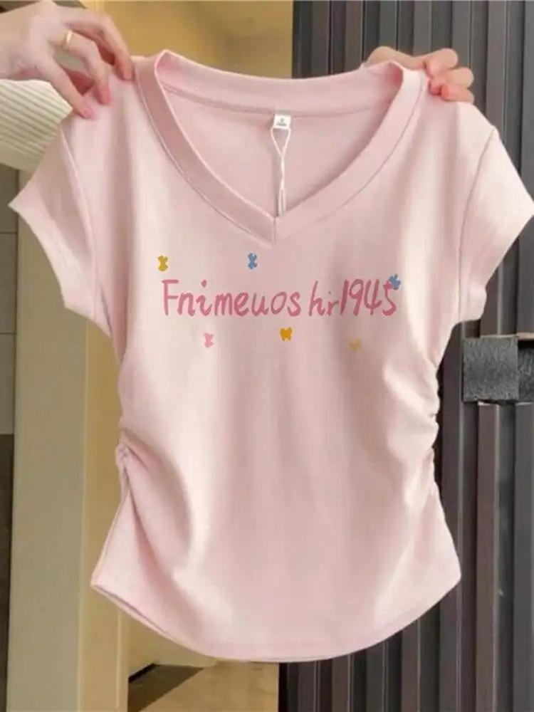 Summer New Style Women's T-Shirt V-Neck Slim Fit Short Sleeve Gathered Detail Korean Fashion Short Length Sweet And Spicy Girl