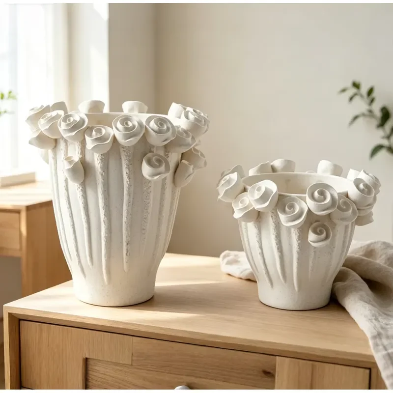 Handmade 3D Rose Ceramic Vase European Minimalist Light Luxury Home Decor Living Room Ornament Creative Relief Flower Pot