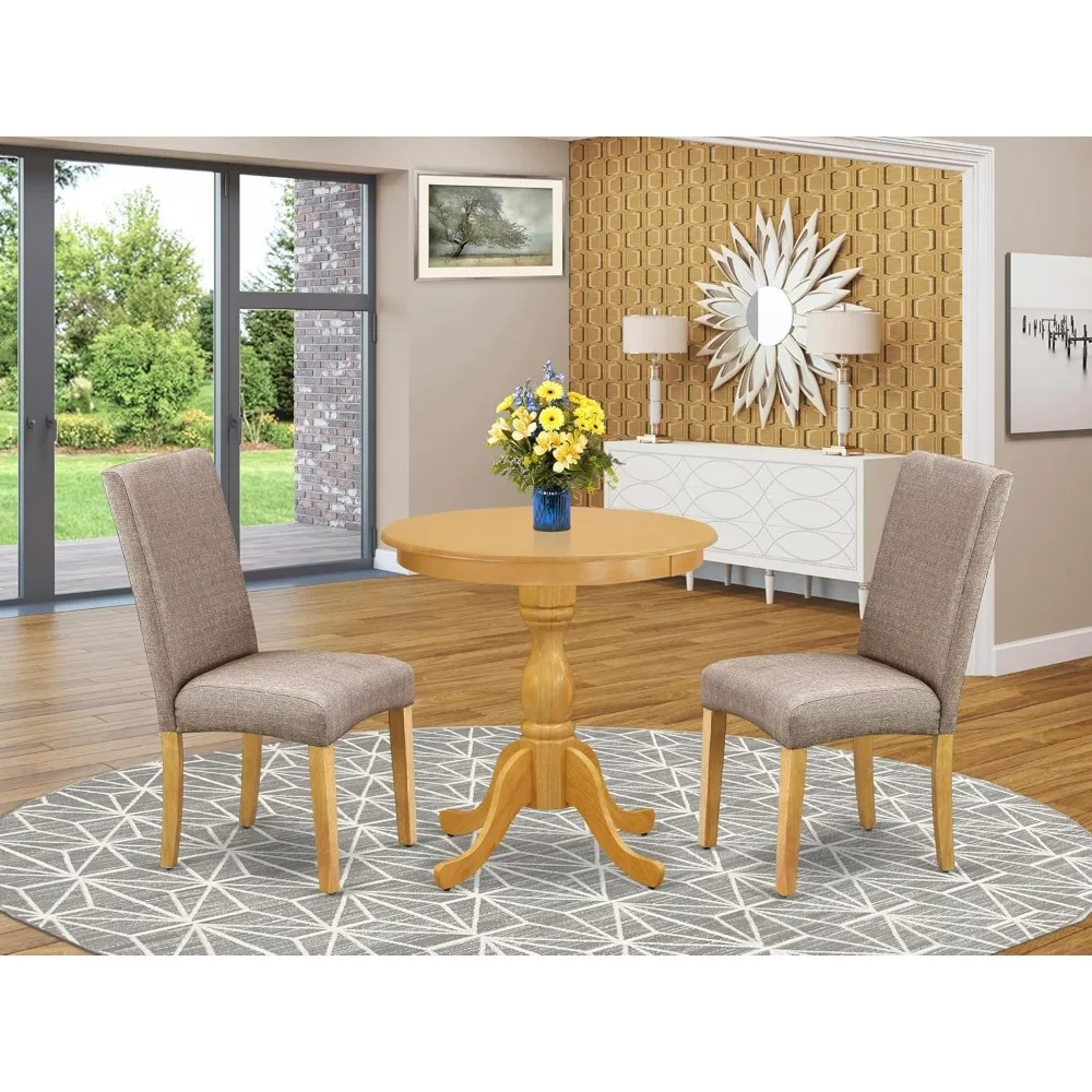 طقم طاولة مطبخ من خشب البلوط مكون من 3 قطع من East West Furniture مع طاولة بقاعدة مستديرة وكرسيين من الكتان الكاكي الداكن #2