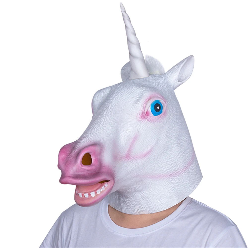 Halloween Masks Latex Horse Head zebra Cosplay Animal Costume Theater Prank Crazy Party Props  White Unicorn Full Face Mask