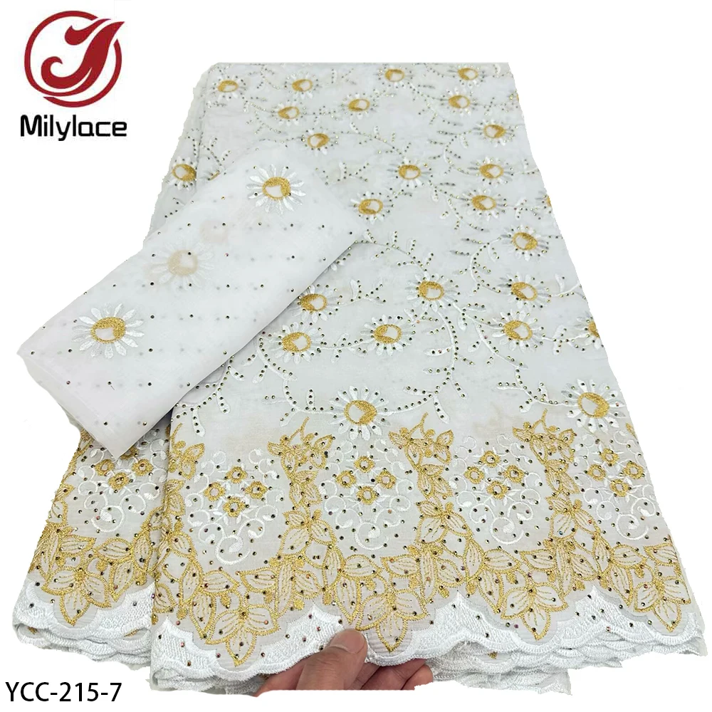 Comfortable cotton African Rhinestone lace fabric 5 yards +2 yards soft voile scarf for 1 set YCC-215-130