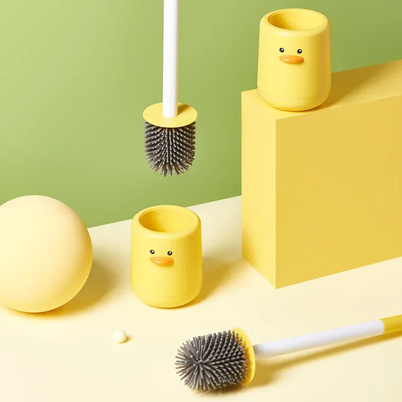 1set, Small Yellow Duck Toilet Brush Set, Cleaning Toilet Brush, Silicone Creative Wall-Mounted Style ,Cleaning Tools,