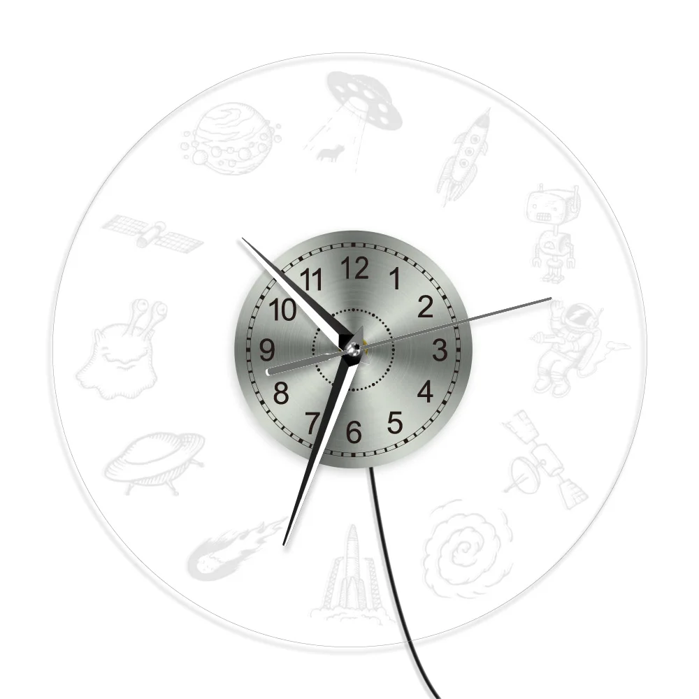 Space LED Lighted Wall Clock Nursery Kid Room Wall Art Astronaut Spaceman Rocket Alien UFO Educational Modern Clock Wall Watch