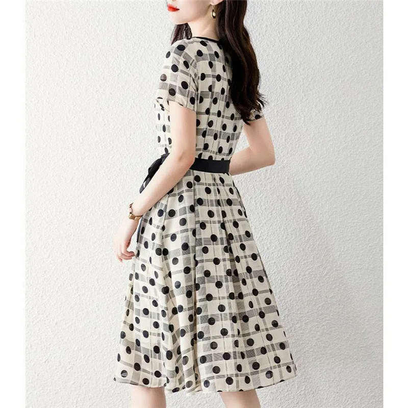 Summer Fashion Korean Simple Polka Dots Print Belt Elegant Chic Party Dresses for Women Casual Short Sleeve Midi Dress Vestidos