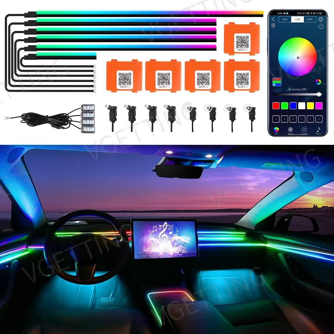 

Vgetting 18 in 1 Car Ambient Lights Symphony LED Interior Acrylic Strips Atmosphere Light Button APP Control RGB 64 Colors 12V