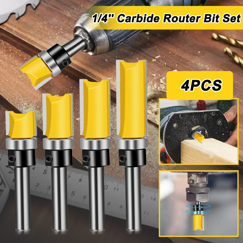 4pcs Flush Trim Router Bit Set With 1/4 Inch Shank Precision Cutting Woodworking Milling Cutter Hand Tool For Professionals