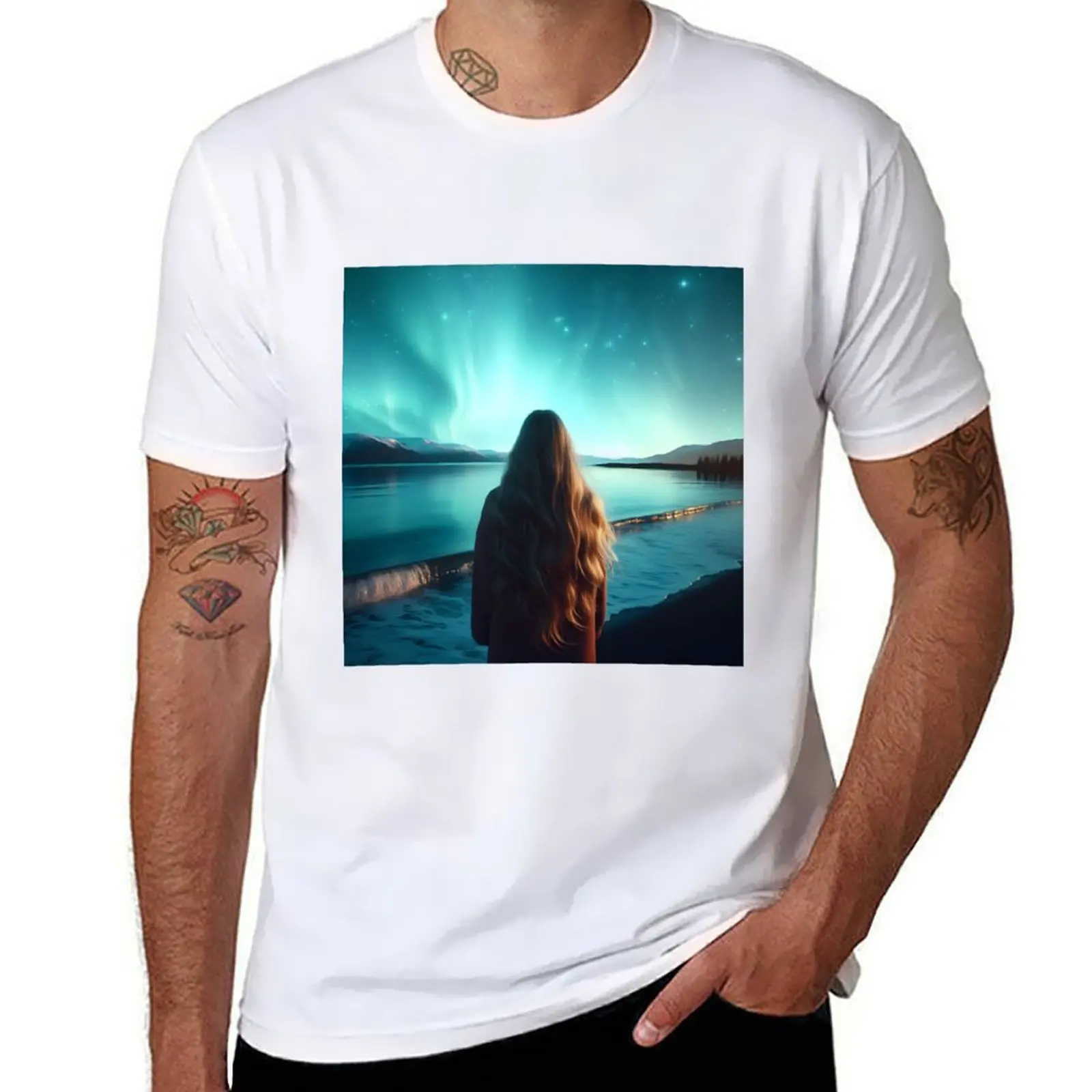 

A woman stands by the lake in front of the northern lights T-Shirt man t shirt heavy cotton t shirt for man T-shirt