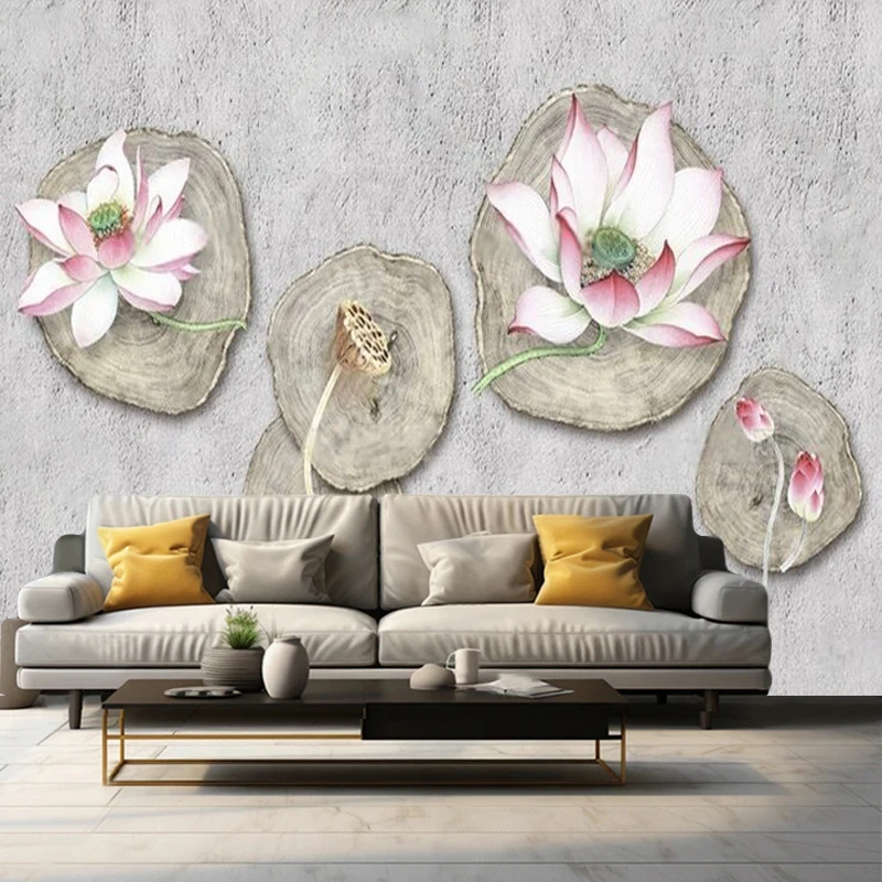 Modern Fashion Lotus Flower Bud Relief Abstract Wood Grain Lotus Leaf Fishpond Flower Shop Living Room Decoration Picture Wall