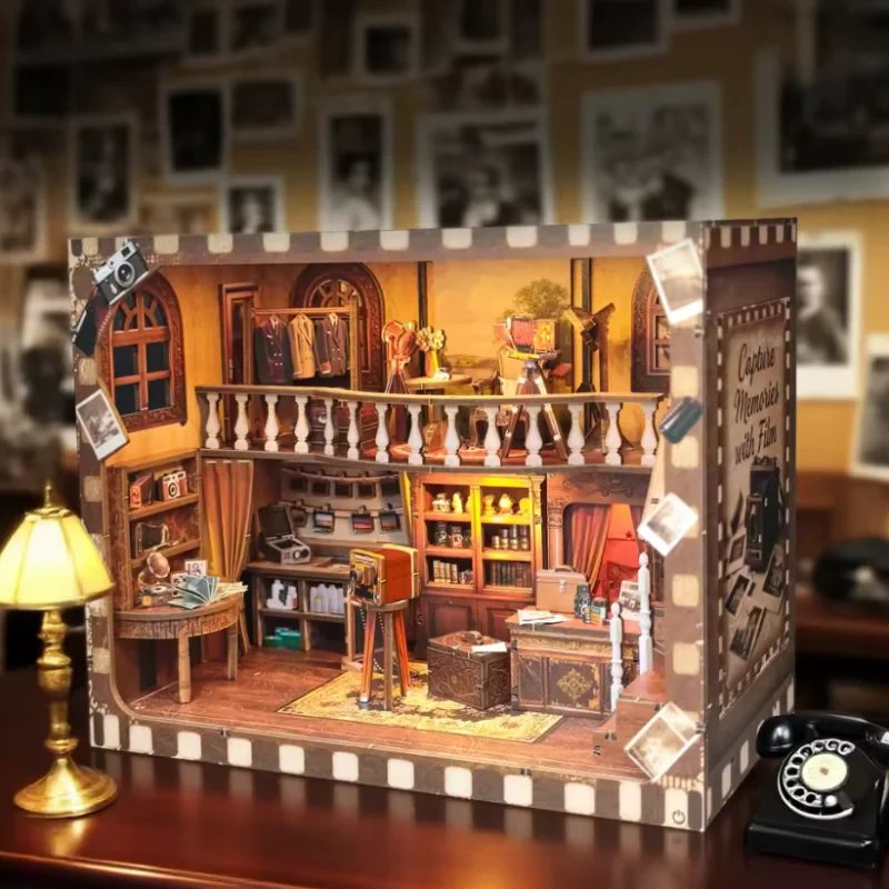 OUZEY Vintage Photo Studio DIY Miniature House - Nostalgic Wooden Model Building Kit for Teens & Adults