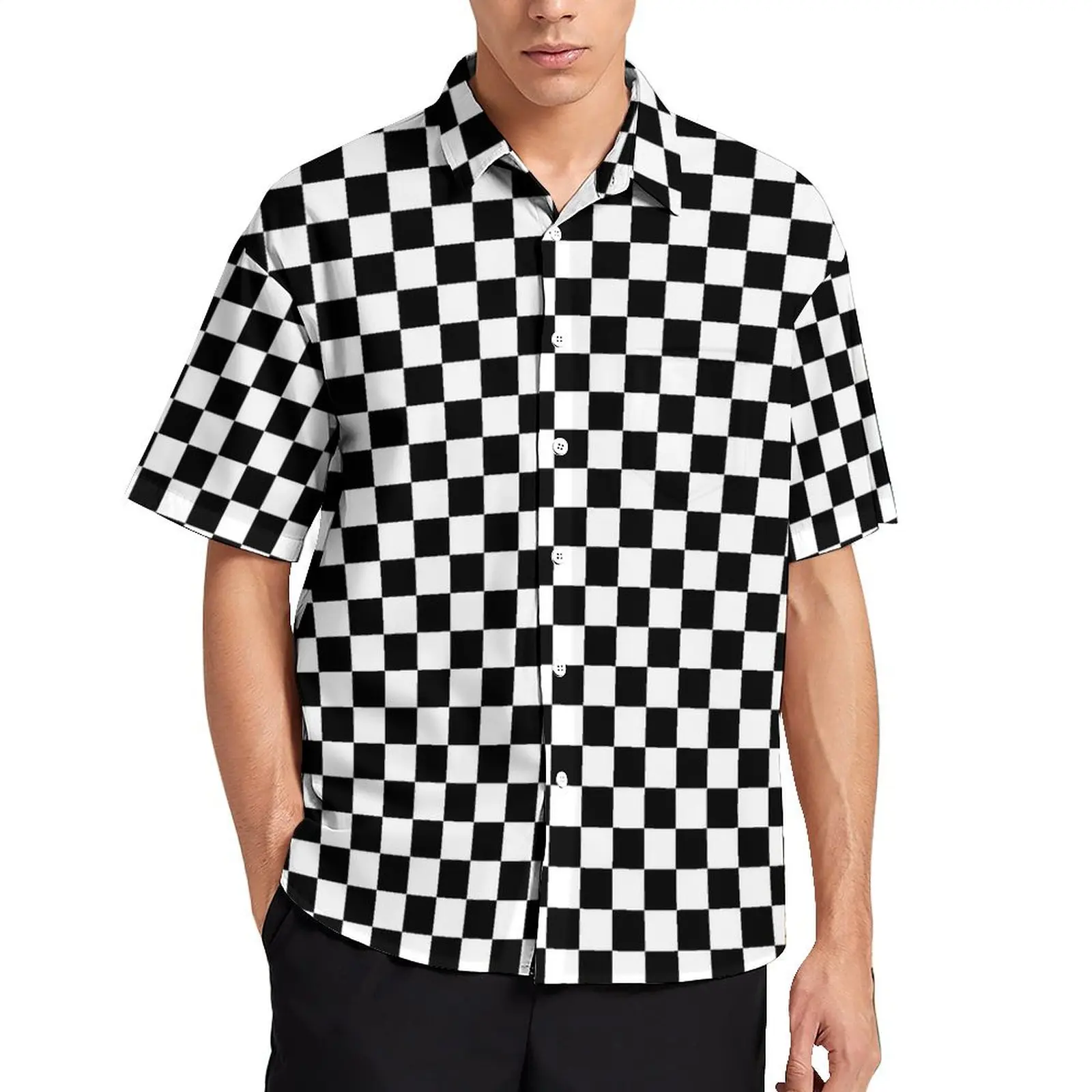 

Black And White Check Print Summer Shirt Mens Beach Checkerboard Style Casual Shirts Harajuku Graphic Vintage Oversized Blouses