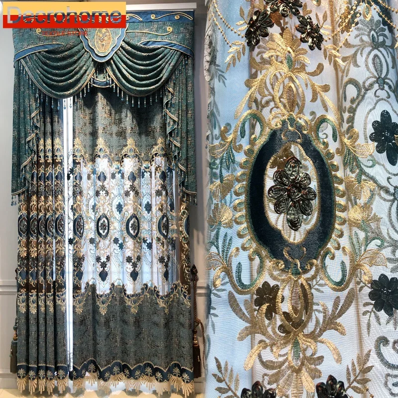 

High Grade Blue-green Chenille Hollowed Out Embroidered Curtains for Living Room French Window Villa Gradient Window Screen