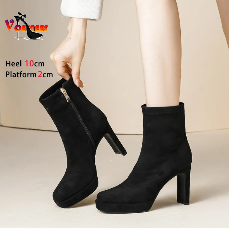 

Женские замшевые ботинки, модные женские осенне-зимние ботильоны на высоком каблуке 10 см, черные ботинки на толстой платформе с квадратным носком