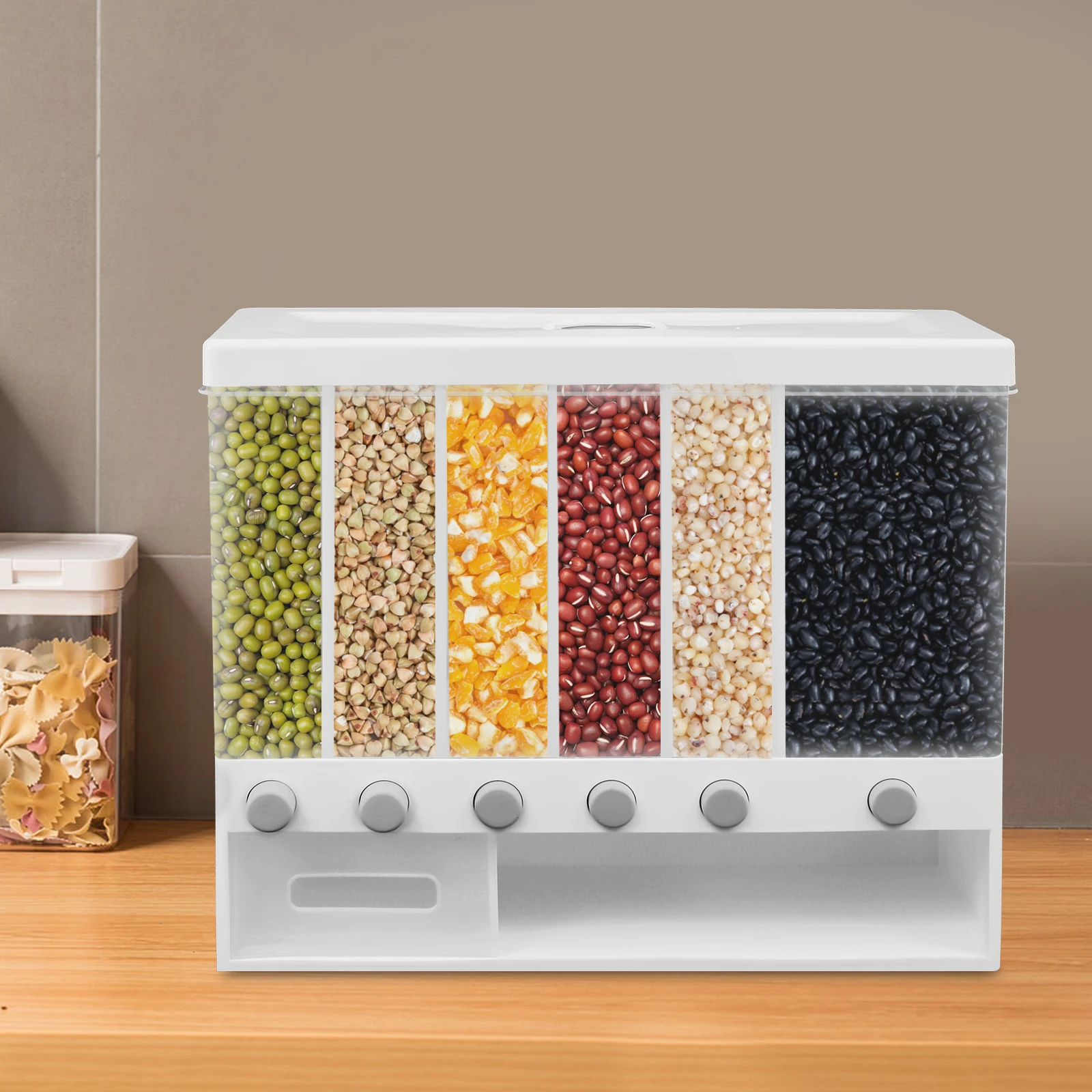 6 in 1 Grain Rice Cereal Dispenser 10kg Storage Container Wall-Mounted Dry Food Container Dispenser W/ Container Kitchen Storage