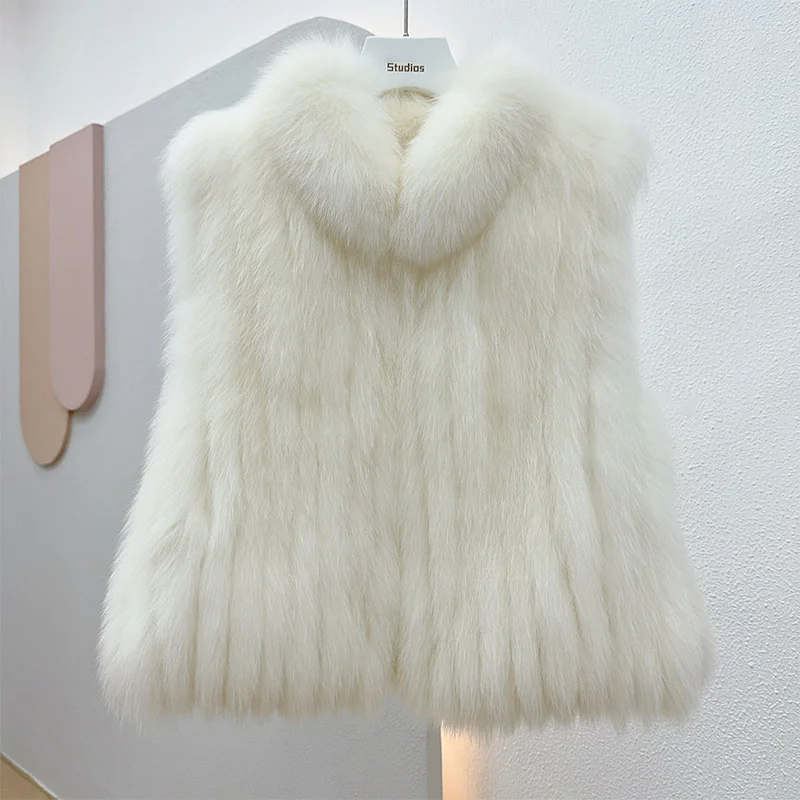 2023 neue frauen Flauschigen Echten Fuchs Pelz Ärmellose Weste Natürliche Pelz Stirp Genäht Toghter Weste Luxus Oberbekleidung Jacken
