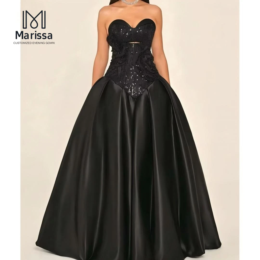 

Платье Marissa A-Line из атласа для свадебных торжеств, черное, с 3D цветами, на заказ, с корсетом, бальное платье для выпускного вечера 2025