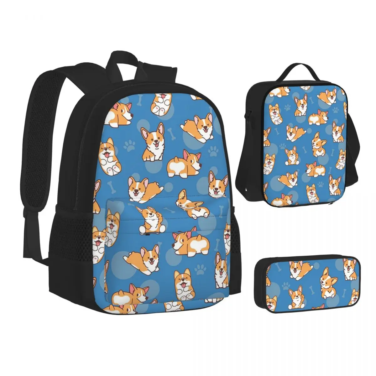 

Corgi Puppy Lie Down In Blue Background Backpacks Students Bookbag School Bags Kids Rucksack Lunch Bag Pen Bag Three-Piece Set