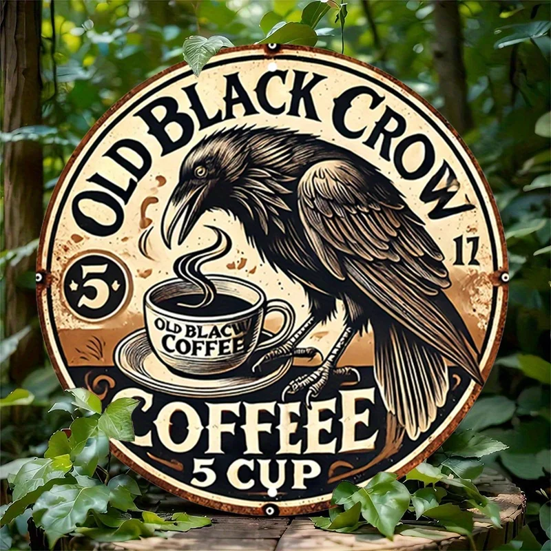 Geek Bar Round Aluminum Wall Art, Vintage Old Black Crow Country Metal Sign, Frameless Modern Farmhouse Metal Wall Decor for Hom