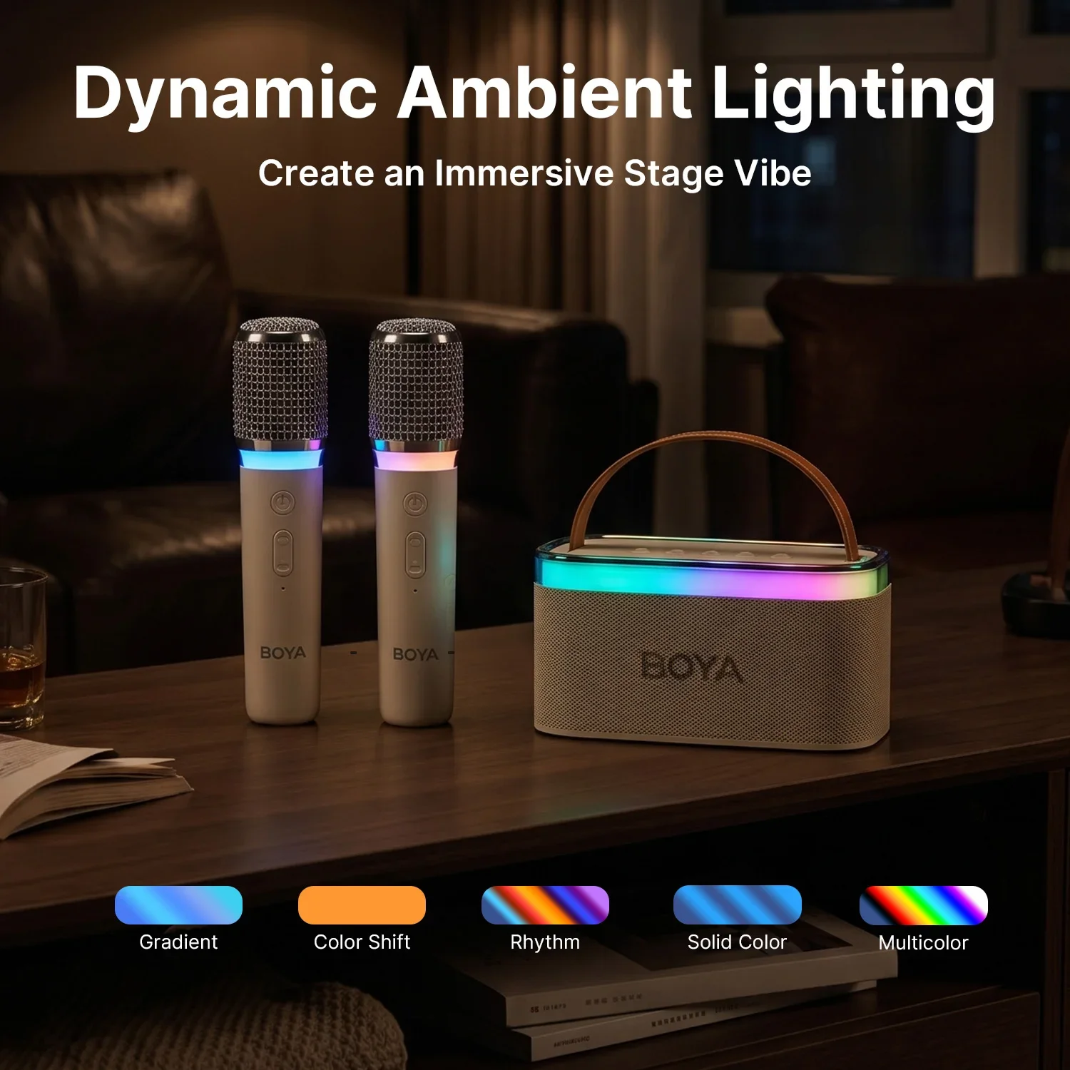Bezprzewodowa maszyna do karaoke BOYA KM6 z 2 mikrofonami, przenośny głośnik Bluetooth, oświetlenie RGB, mikrofon do śpiewania na imprezy domowe dla dzieci i dorosłych. — zdjęcie produktu 3