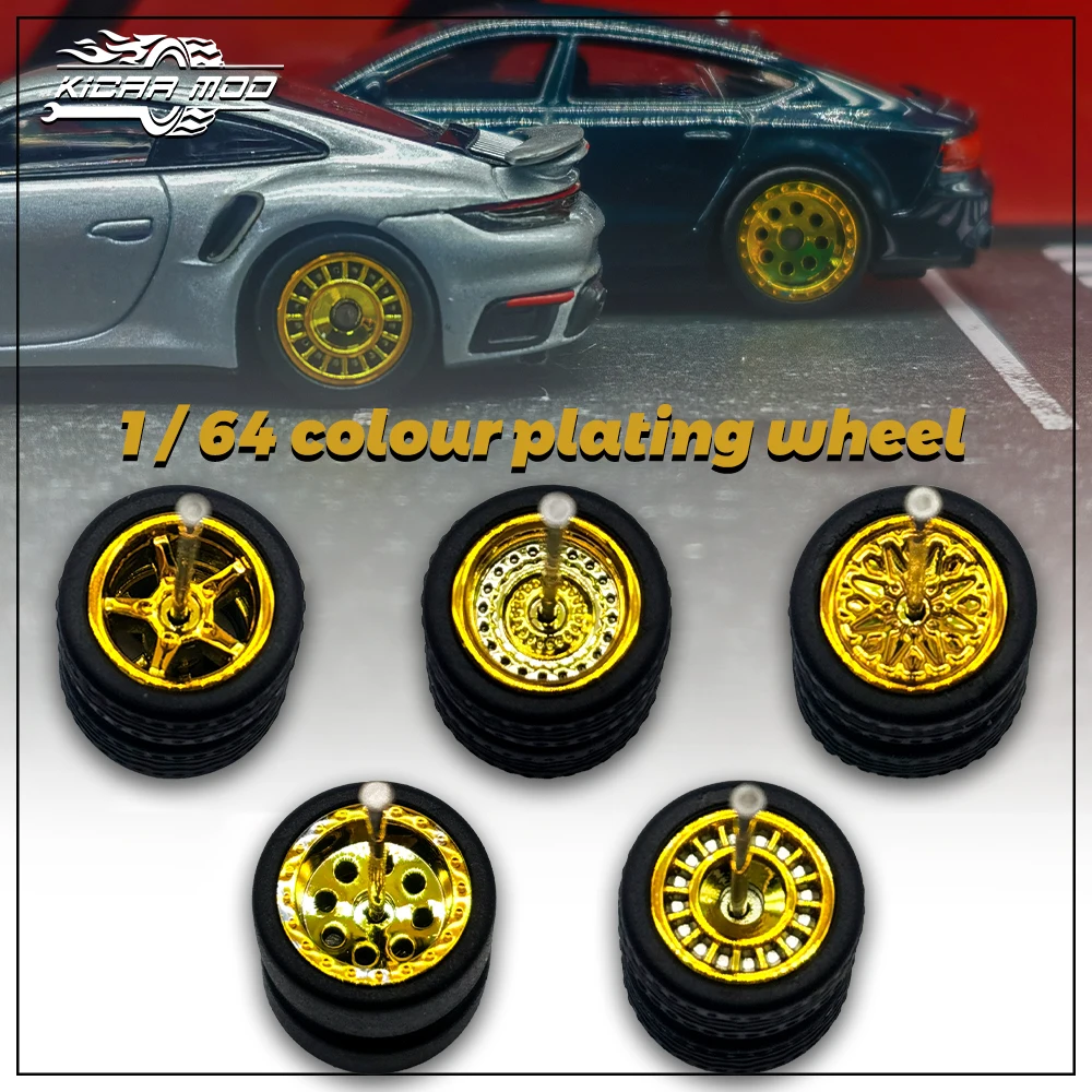 KicarMod 1/64 Model Car Retro Wheels 5 Sets for Hotwheels Rubber Tyres with Printing（Tyres Detachable）Electroplating Process