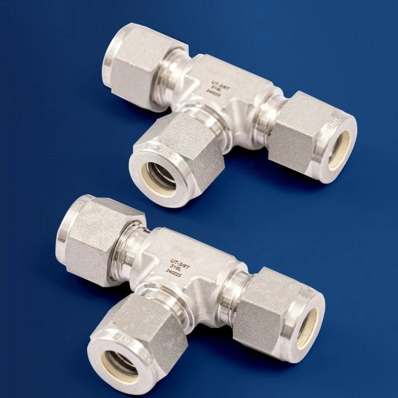 316L Stainless Steel Compression Tee Fitting, Equal Diameter Double Ferrule T Type Union Connector for Fluid Pipeline 1/4 1/2