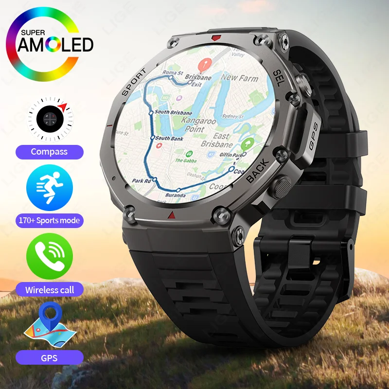 

LIGE New GPS Smart Watch Men AMOLED Outdoor Sports Compass Heart Rate 5ATM Waterproof Bluetooth Call Smartwatches 500mAh Battery