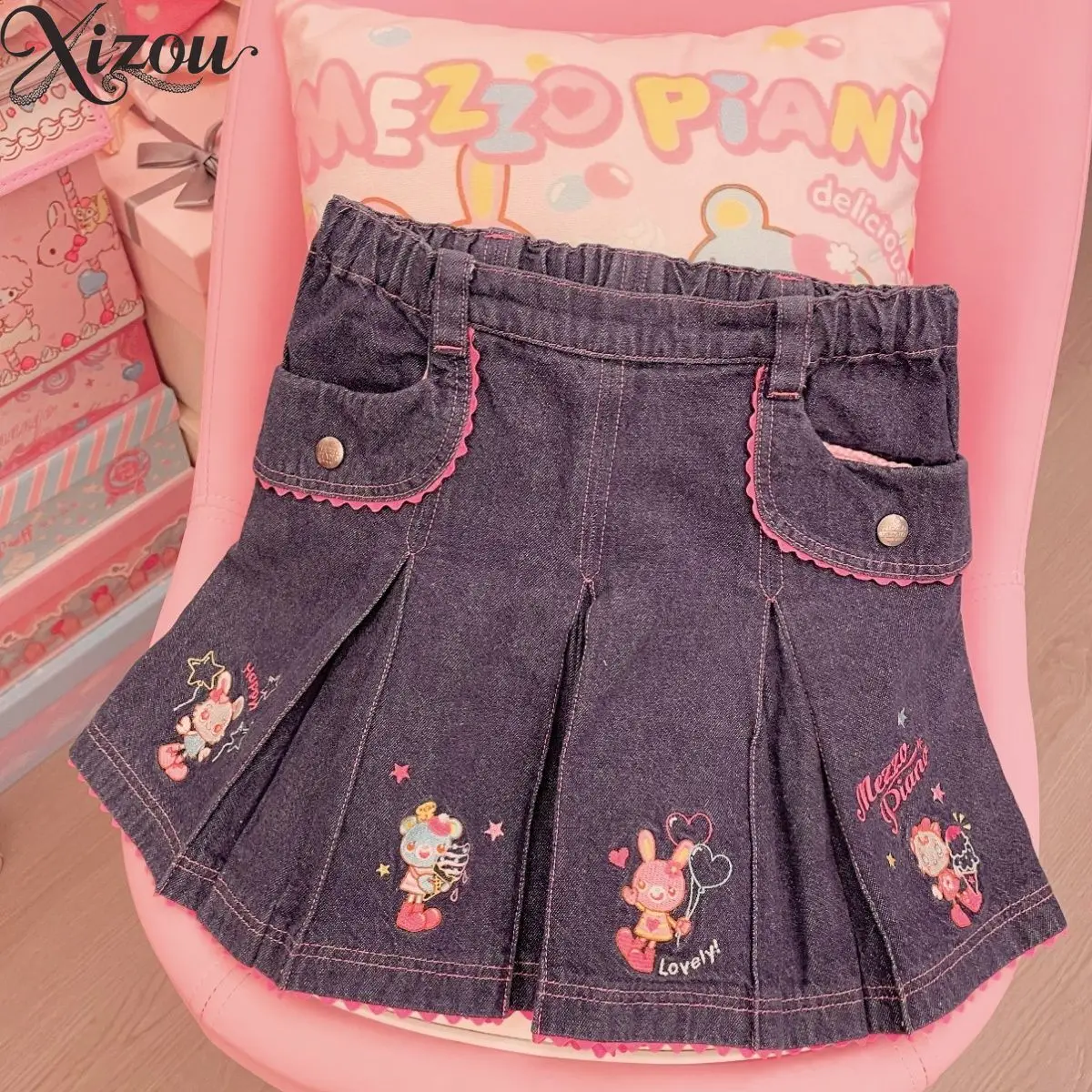 Japanese Kawaii Denim Skirts Pleated Cake Skirt Cartoon Bunny Y2K A-line Mini Splicing Spring Summer 2026 Slim Fit Sweet Short