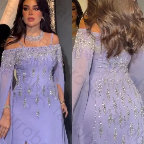Imagen 2 del producto Vestido de fiesta de sirena lila árabe personalizado, mangas con abertura alta, vestidos de noche de lujo con cuentas, vestidos para mujer, vestido de fiesta de boda