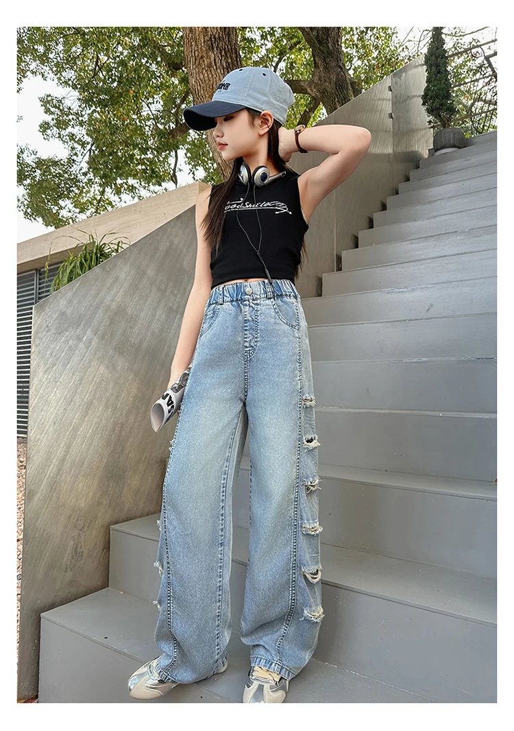 Jeans für Teenager-Mädchen mit seitlichen Löchern, lässige Mode, Sommer, Kinder, weites Bein, zerrissene Jeanshosen, Schulhosen aus Denim, 10-12 Jahre – Detail 8