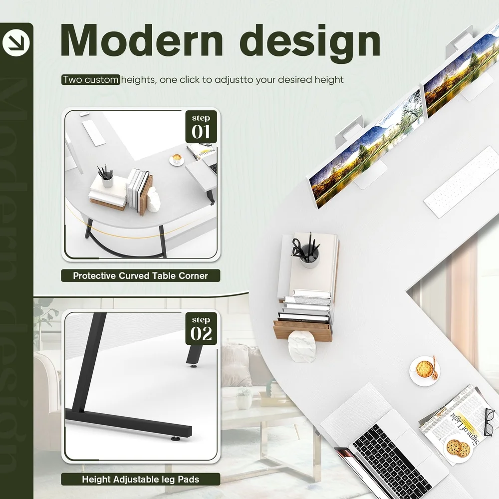 L Shaped Computer Desk Modern Corner Design with Movable Small Table Adjustable Feet Office Gaming Study Use