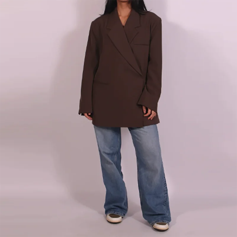 

Autumn Winter Casual Loose Blazer Coats Women Elegant Lapel Button Solid Outerwears Office Fashion Commuter Short Sleeve Jackets