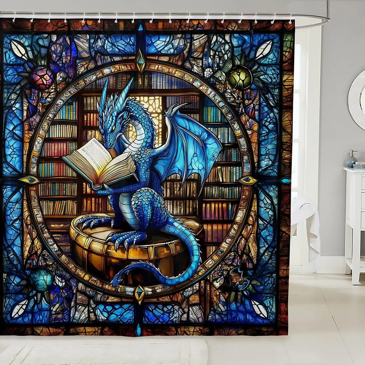Western Blue Dragon Shower Curtain, Reading Dragon Bookshelf Pattern, Abstract Geometric Patchwork Trippy Chic Style Curtain