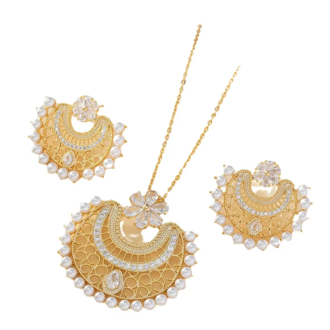 New Light Luxury Heavy Industry Pearl Flower Jewelry Set for Foreign Trade Dinner Ceremony Bridal Jewelry Popular in Middle East