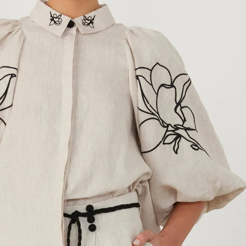 EAEOVNI الأزهار التطريز المرأة موضة 2 قطعة مجموعة قصيرة الأكمام بلوزة + بنطال واسع الساق عادية 2025 ملابس جديدة 1A495 #3