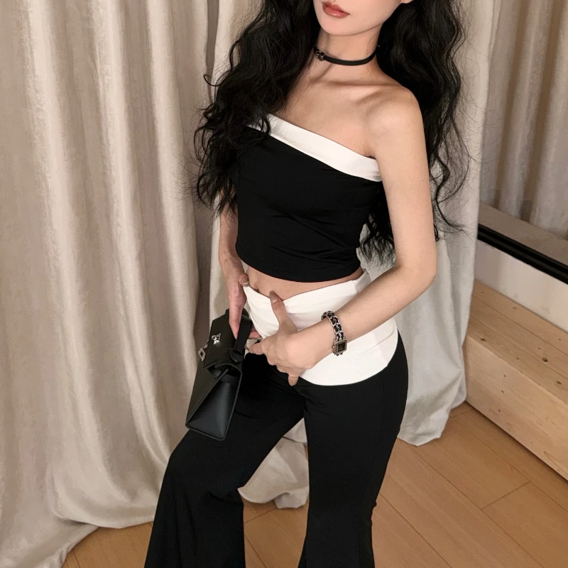 2024 Summer New Korean Contrast Color Patchwork Sexy Backless Camisole Women + High Waist Casual Wide Leg Pants Two-piece Suit