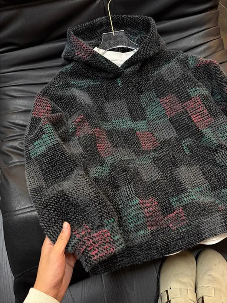  Plaid Knitted Hoodie Sweatshirt Youth Casual Style Heavyweight Hardwearing Unisex Overhead Hooded Jacket Couple Oute...