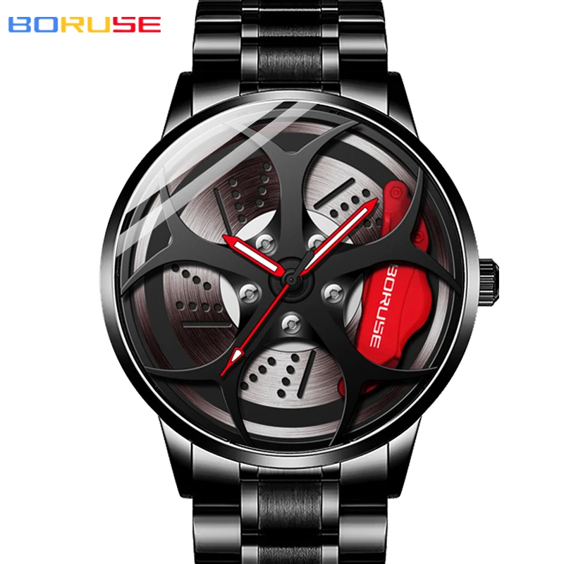 BORUSE Luxury Men\'s Fashion Car Wheel Watches Men Sports Waterproof Quartz Wristwatch Stainless Steel Wheel Hub Watch