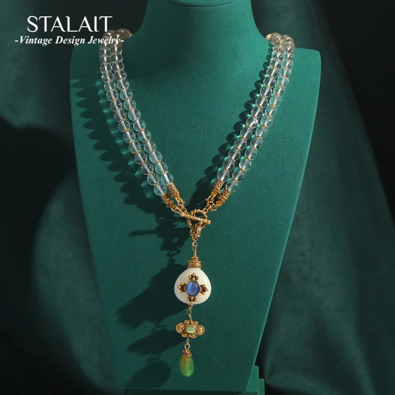 

Vintage Bead String Transparent Glass Four Leaf Clover Pendant Natural Stone Layered Necklace Antique Jewelry Accessories Women