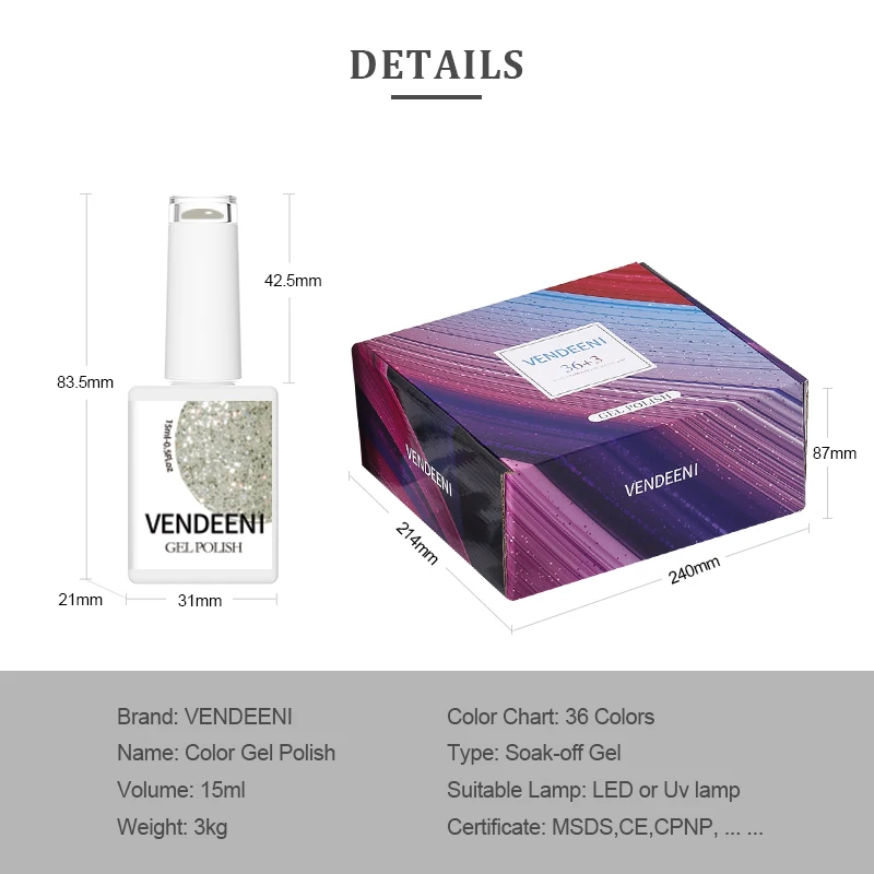 Vendeeni TPO HEMA Free Top High Density Pigment 36Color Platinum Gel Polish Nail Art UV Led Nail Gel Polish