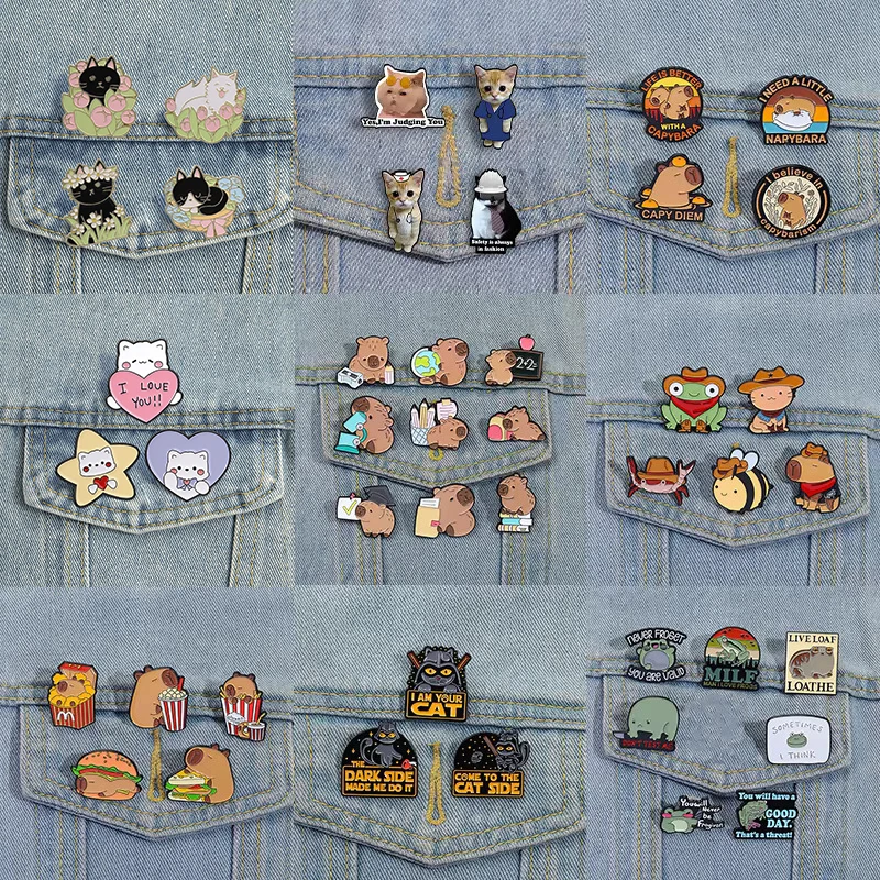 2-6 Stück/Set Niedliche Tier-Serie Emaille-Anstecknadeln Capybara Frosch Schwarze Katze Broschen Reversnadeln Bär Biene Schmuck Geschenk für Freunde