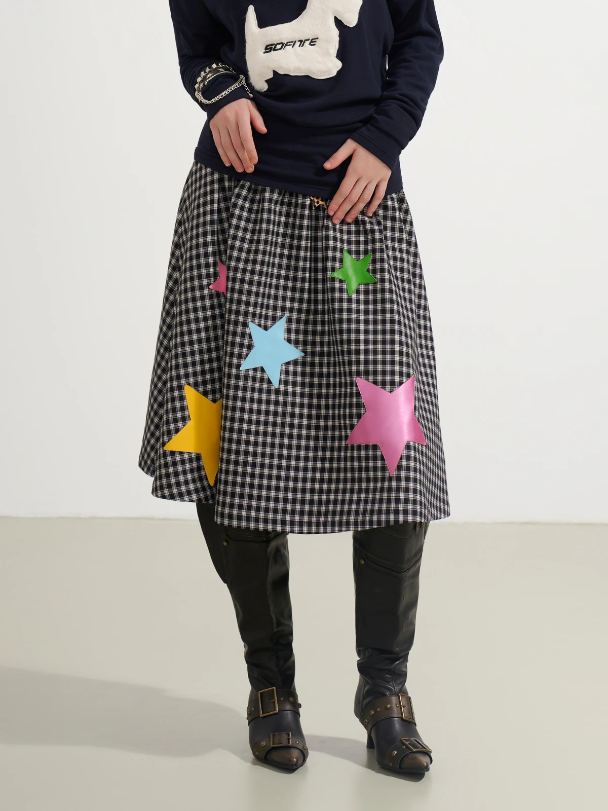 

Повседневная юбка А-силуэта из полиэстера с клетчатым узором и вставками в виде звезд, пышная, для офиса, женская, модная