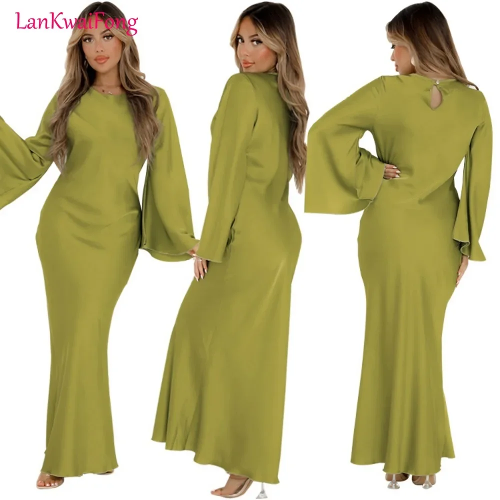 

. Fashion High End Elegant Dress Satin Waistband Sexy Round Neck Long Sleeve Party Dress Solid Color Dress Wholesale