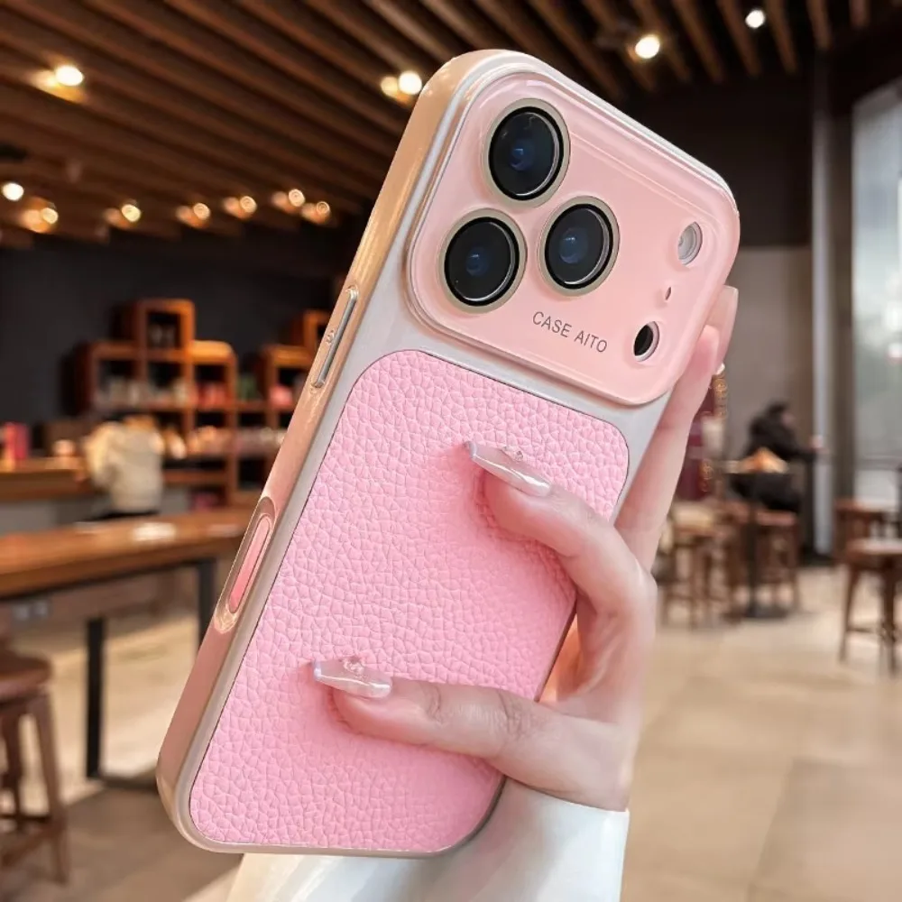 Litchi Pattern Phone Case Matte Textur Glass Large Window Phone Shockproof Case with Hanging Holes for iPhone17 ProMax/17 Pro