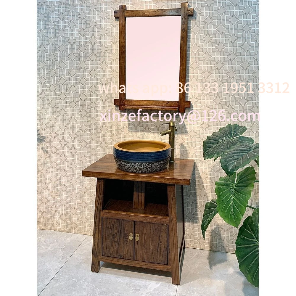 Lavandino antico personalizzabile, bagno dal pavimento al soffitto, combinazione di mobili da bagno per piccoli appartamenti in legno massello retrò