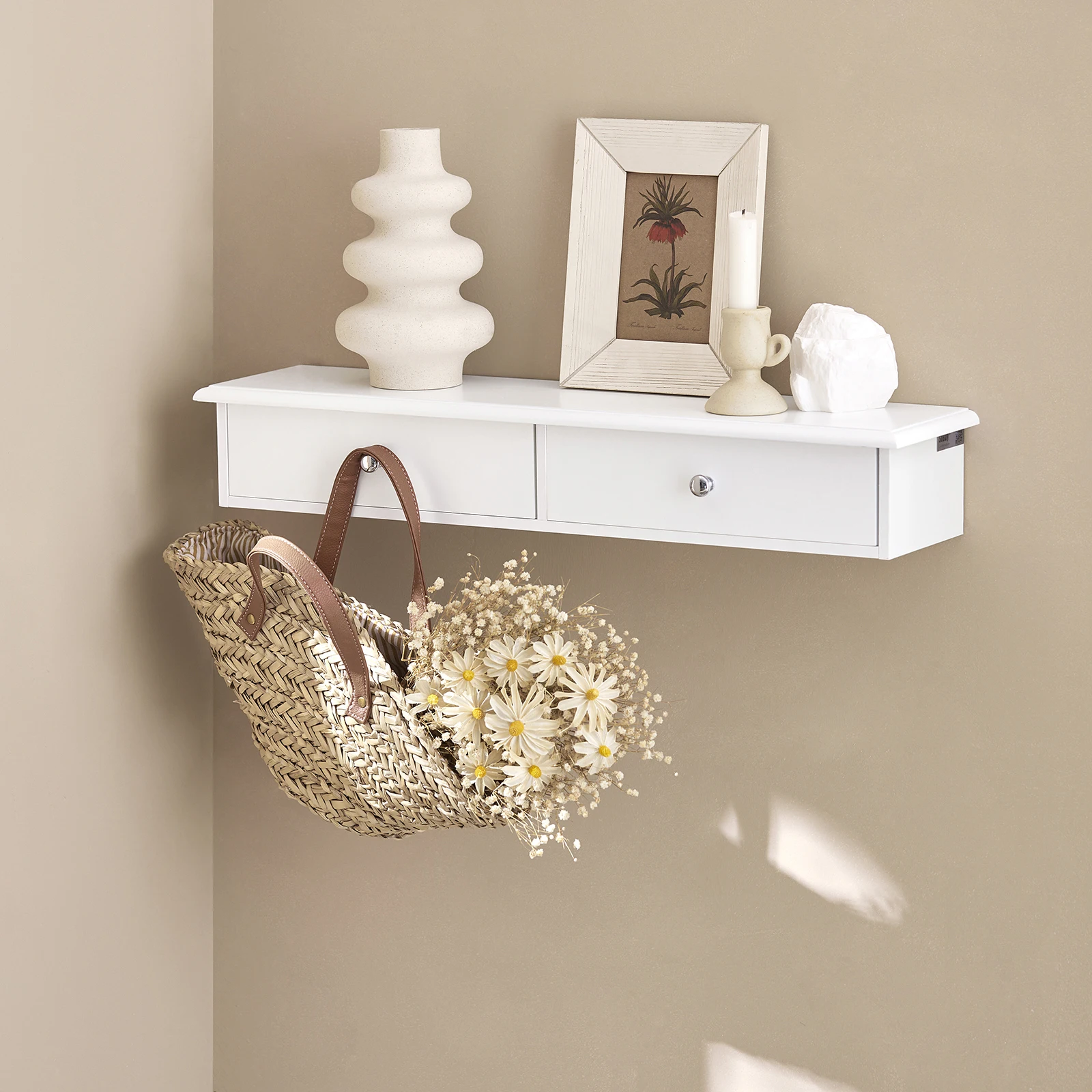 SoBuy FRG43 Wandregal mit 2 Schubladen - Modernes Regal Wand für Flur, Wohnzimmer & Schlafzimmer 64x15x10cm – Detail 1