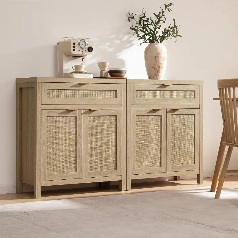 Sideboard Buffet Storage Cabinet, Rattan Accent Cabinet with Doors and Drawer, Boho Credenzas Buffet Table Console Coffe